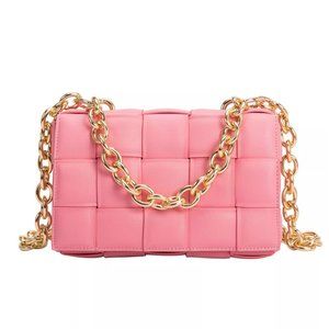 Pink Melie Bianco Anya Small Recycled Vegan Shoulder Bag with Gold Chain strap